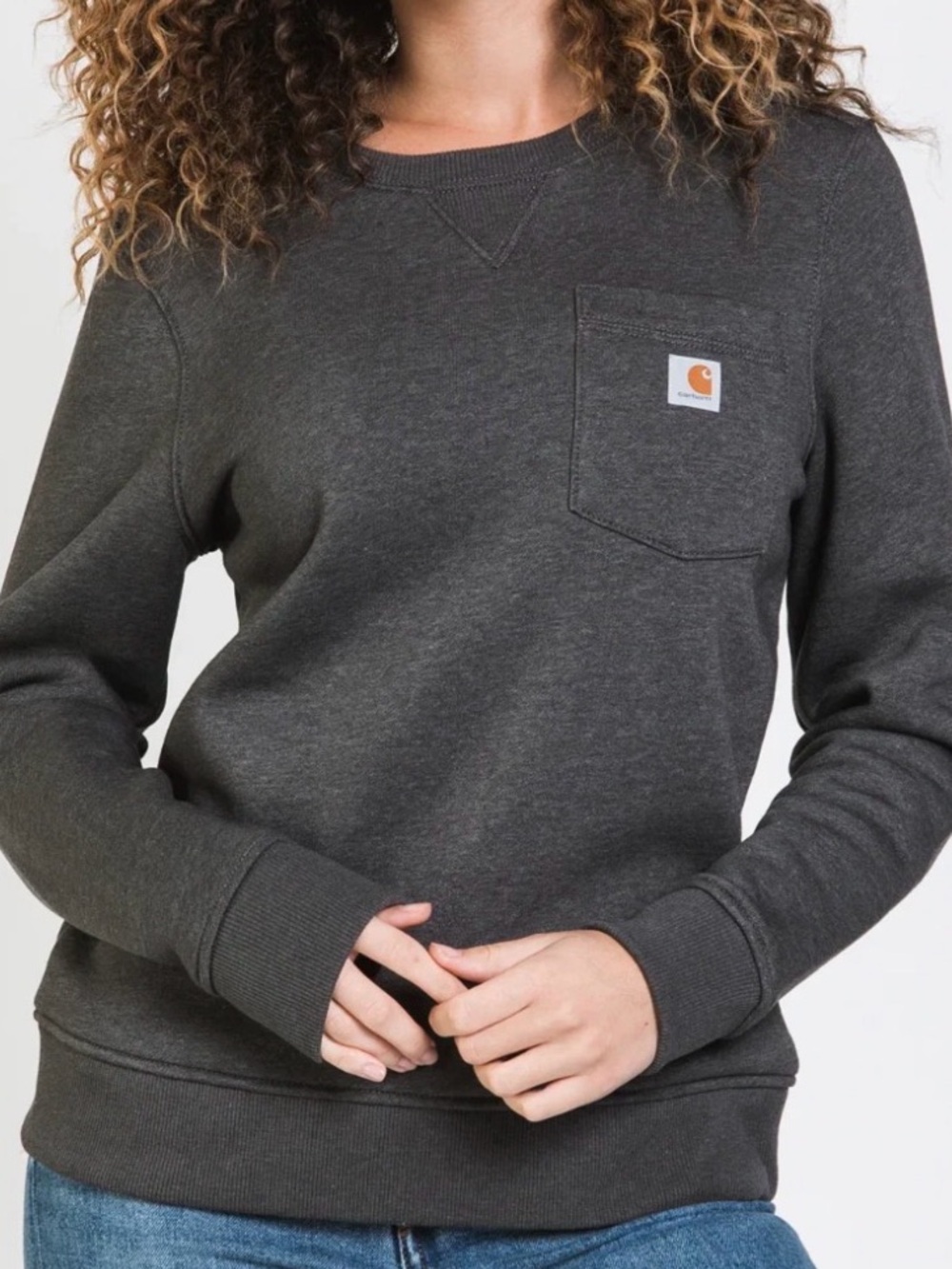 Carhartt Women’s Clarksburg Crewneck Pocket Sweatshirt Heather Charcoal Gray